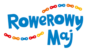Logo kampanii "Rowerowy Maj" tj. niebieski napis otoczonym kolorowym łańcuchem rowerowym w postaci dwóch fal